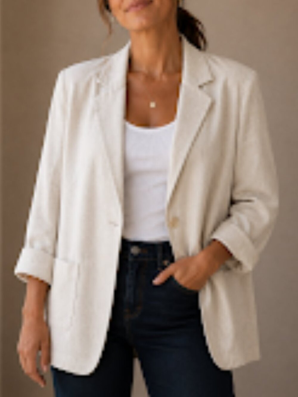 Alice Stuart Oatmeal Linen-Look Blazer, Single Button, Size M/L